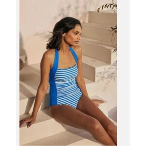 Boden Minori Halter Tie One Piece Swimsuit Blue White Stripe Women's Size 12